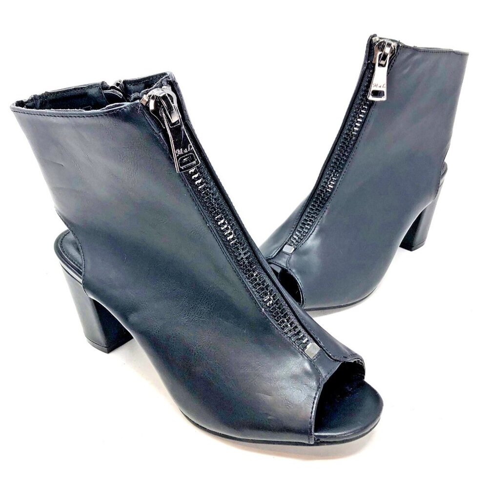 M&L Bootie Women 8.5 Watermelon Black Faux Leather Block Heel Slingback Peep Toe